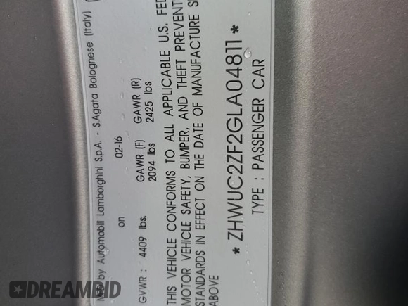 2016 Lamborghini Huracan z VIN ZHWUC2ZF2GLA04811, wystawiony jako Copart lot #72161434 z przebiegiem 24 565 mil mil oraz Szkody całkowita. Historia ofert i sprzedaży dostępna na DreamBid. Obrazek 12.