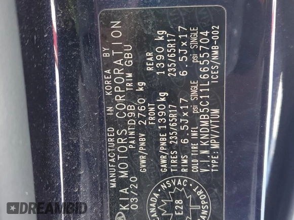 2020 Kia Sedona LX with VIN KNDMB5C11L6655704, listed as a Copart auction lot 41989095 with 88,318 mi miles and Salvage Title. Bid and sale history available at carsss.com. Image 12.