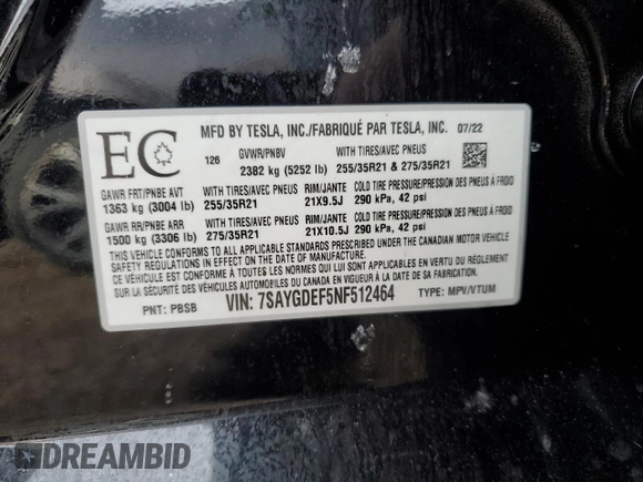 2022 Tesla Model Y Performance z VIN 7SAYGDEF5NF512464, wystawiony jako Copart lot #46337165 z przebiegiem 74 761 mil mil oraz Szkoda całkowita • Salvage title. Historia ofert i sprzedaży dostępna na DreamBid. Obrazek 13.