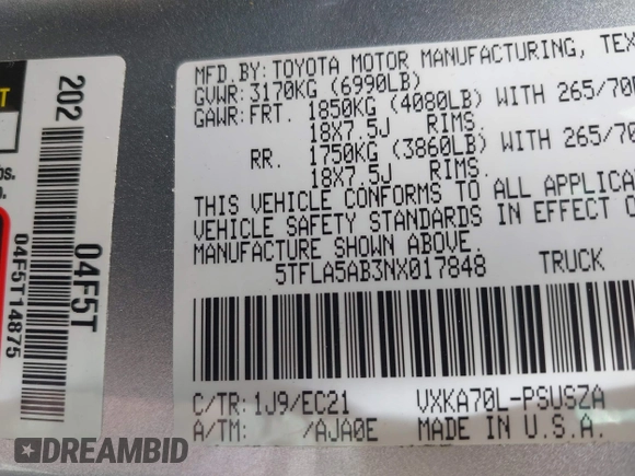 2022 Toyota Tundra SR5 with VIN 5TFLA5AB3NX017848, listed as a IAAI auction lot 42429134 with 53,883 mi miles and . Bid and sale history available at DreamBid. Image 9.