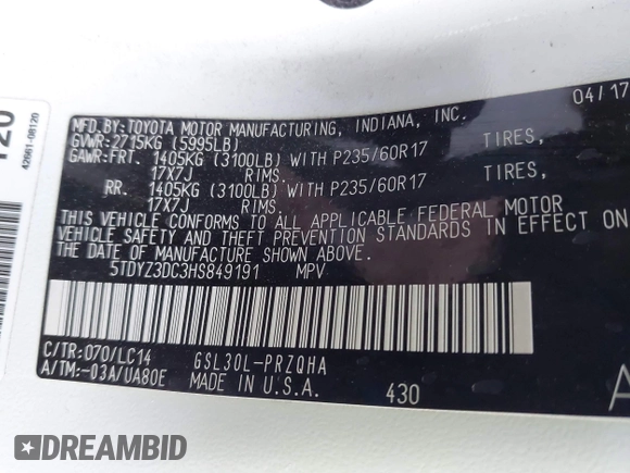 2017 Toyota Sienna XLE Auto Access Seat with VIN 5TDYZ3DC3HS849191, listed as a IAAI auction lot 42138309 with 80,324 mi miles and . Bid and sale history available at DreamBid. Image 9.