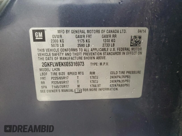2014 GMC Terrain SLE with VIN 2GKFLWEK6E6316973, listed as a Copart auction lot 54061295 with 193,404 mi miles and Clean Title. Bid and sale history available at carsss.com. Image 13.