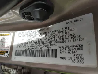 2005 Lexus GX 470 with VIN JTJBT20X450091562, listed as a IAAI auction lot 41771447 with 192,037 mi miles. Bid and sale history available at carsss.com. Image 9.