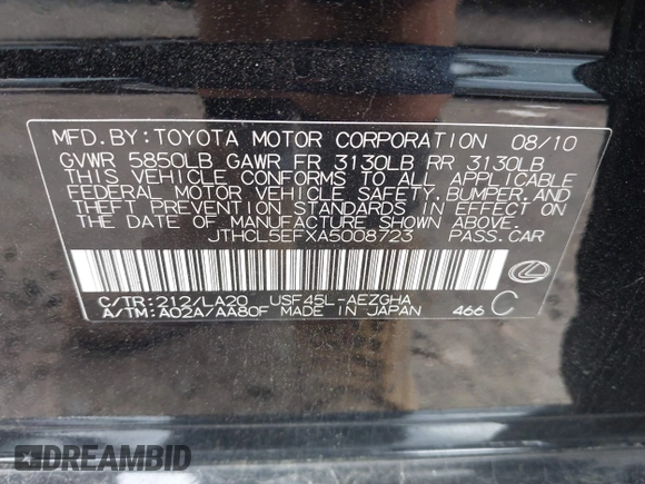 2010 Lexus LS 460 с VIN JTHCL5EFXA5008723, выставлен на аукционе IAAI как лот 42635747 с пробегом 156 030 миль миль и . История ставок и продаж доступна на DreamBid. Изображение 9.