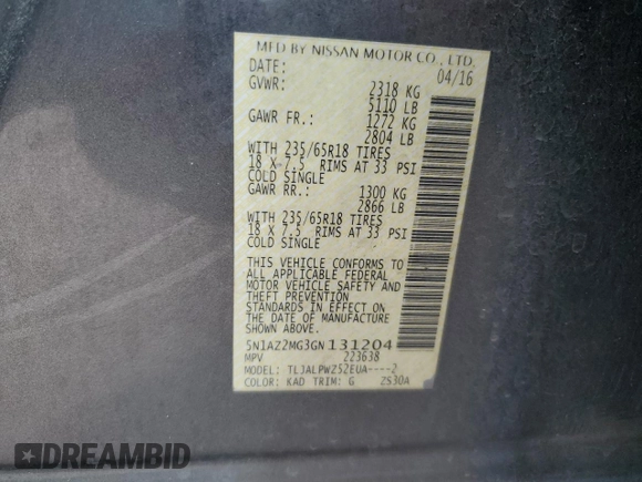 2016 Nissan Murano SV with VIN 5N1AZ2MG3GN131204, listed as a Copart auction lot 49336345 with 158,772 mi miles and Salvage Title. Bid and sale history available at carsss.com. Image 13.