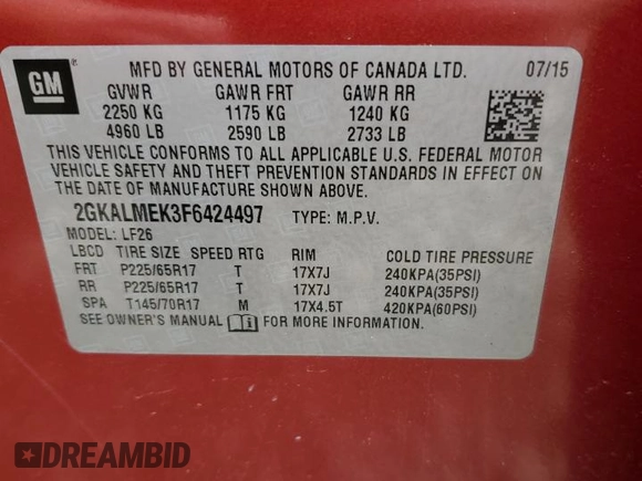 2015 GMC Terrain SLE with VIN 2GKALMEK3F6424497, listed as a Copart auction lot 61193085 with 129,499 mi miles and Clean title. Bid and sale history available at DreamBid. Image 13.