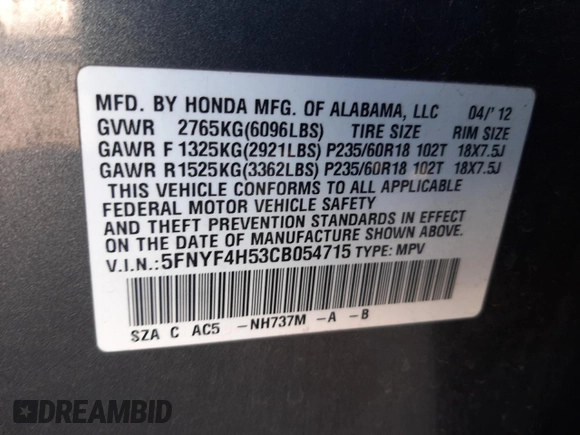 2012 Honda Pilot EX-L z VIN 5FNYF4H53CB054715, wystawiony jako Copart lot #58313505 z przebiegiem 208 505 mil mil oraz Szkoda całkowita • Salvage title. Historia ofert i sprzedaży dostępna na DreamBid. Obrazek 15.