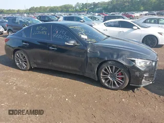 2021 Infiniti Q50 Red Sport 400 with VIN JN1FV7DR6MM880572, listed as a IAAI auction lot 42411884 with 31,436 mi miles and . Bid and sale history available at DreamBid. Image 1.