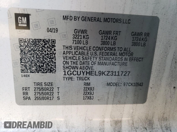 2019 Chevrolet Silverado 1500 High Country with VIN 1GCUYHEL9KZ311727, listed as a Copart auction lot 43365025 with 163,629 mi miles and Salvage Title. Bid and sale history available at carsss.com. Image 14.