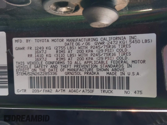 2006 Toyota Tacoma с VIN 5TEMU52N26Z285336, выставлен на аукционе IAAI как лот 41614093 с пробегом 122 980 миль миль и . История ставок и продаж доступна на DreamBid. Изображение 9.