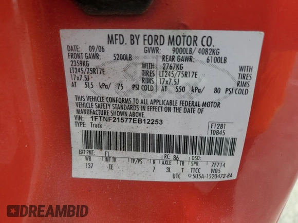 2007 Ford F-250 XL with VIN 1FTNF21577EB12253, listed as a Copart auction lot 58539675 with 190,069 mi miles and Clean title. Bid and sale history available at DreamBid. Image 12.