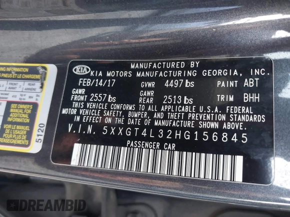 2017 Kia Optima LX with VIN 5XXGT4L32HG156845, listed as a IAAI auction lot 41402224 with 126,529 mi miles. Bid and sale history available at carsss.com. Image 9.