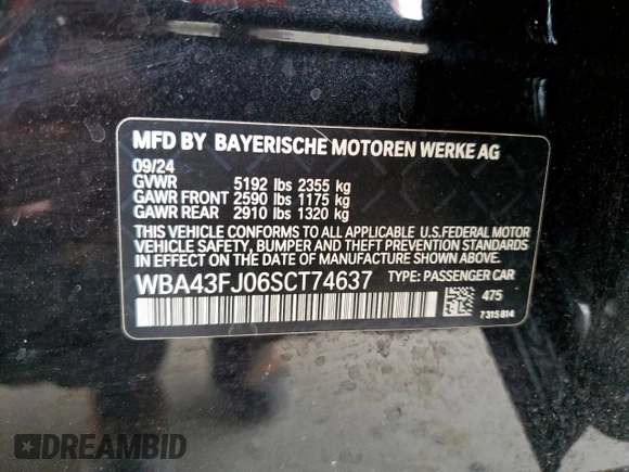 2025 BMW 5 Series 530i с VIN WBA43FJ06SCT74637, выставлен на аукционе Copart как лот 57398745 с пробегом 10 580 миль миль и Чистый • Clean title. История ставок и продаж доступна на DreamBid. Изображение 12.