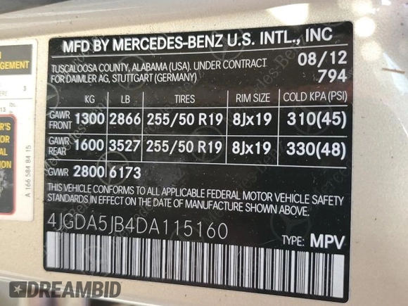 2013 Mercedes-Benz M 350 z VIN 4JGDA5JB4DA115160, wystawiony jako Copart lot #57247625 z przebiegiem Nie podano mil oraz Szkoda całkowita • Salvage title. Historia ofert i sprzedaży dostępna na DreamBid. Obrazek 12.