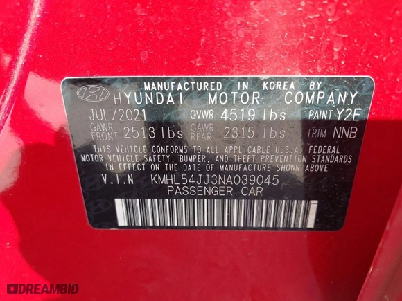2022 Hyundai Sonata Hybrid Limited with VIN KMHL54JJ3NA039045, listed as a IAAI auction lot 41694476 with 40,818 mi miles. Bid and sale history available at carsss.com. Image 9.