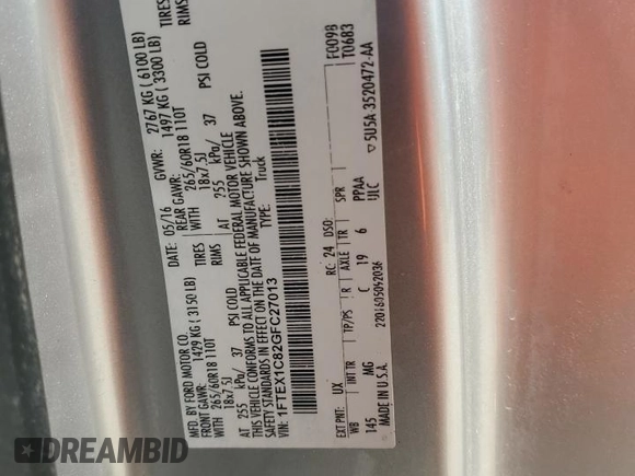 2016 Ford F-150 XL z VIN 1FTEX1C82GFC27013, wystawiony jako Copart lot #57846795 z przebiegiem 108 466 mil mil oraz Szkoda całkowita • Salvage title. Historia ofert i sprzedaży dostępna na DreamBid. Obrazek 12.