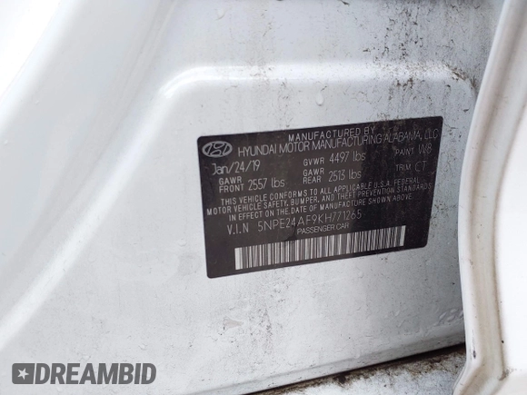 2019 Hyundai Sonata SE with VIN 5NPE24AF9KH771265, listed as a IAAI auction lot 42080970 with 131,134 mi miles and . Bid and sale history available at carsss.com. Image 9.