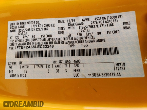 2020 Ford F-250 XL z VIN 1FTBF2A68LEC33248, wystawiony jako Copart lot #62225295 z przebiegiem 37 398 mil mil oraz Szkoda całkowita • Salvage title. Historia ofert i sprzedaży dostępna na DreamBid. Obrazek 12.