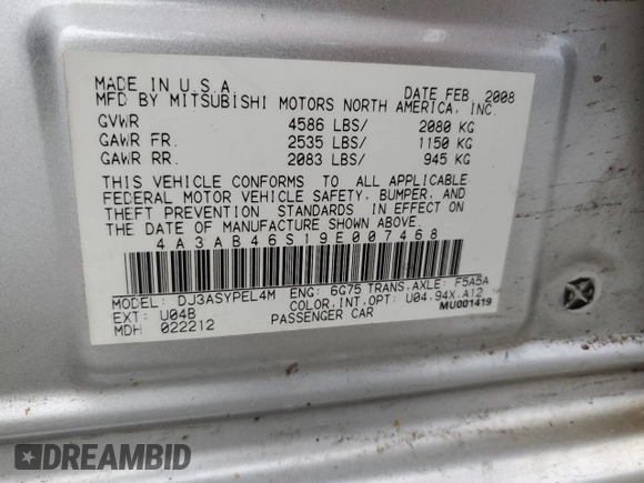 2009 Mitsubishi Galant Sport V6 with VIN 4A3AB46S19E007468, listed as a Copart auction lot 86366704 with 116,901 mi miles and Salvage Title. Bid and sale history available at DreamBid. Image 15.