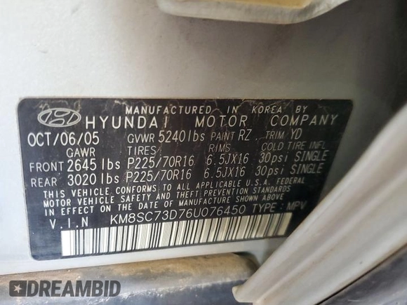 2006 Hyundai Santa Fe GLS with VIN KM8SC73D76U076450, listed as a Copart auction lot 80161354 with 153,966 mi miles and Clean Title. Bid and sale history available at carsss.com. Image 12.