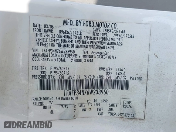 2006 Ford Focus S with VIN 1FAFP34N76W233950, listed as a IAAI auction lot 42596698 with 262,504 mi miles and . Bid and sale history available at DreamBid. Image 9.