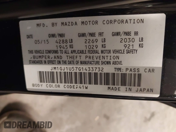 2016 Mazda 6 i Sport with VIN JM1GJ1U57G1433732, listed as a IAAI auction lot 41879844 with 107,269 mi miles and . Bid and sale history available at DreamBid. Image 9.