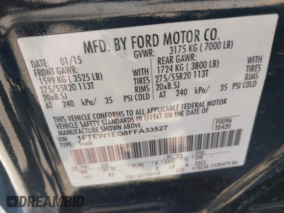 2015 Ford F-150 XLT with VIN 1FTEW1EG8FFA33527, listed as a IAAI auction lot 41650775 with 192,324 mi miles. Bid and sale history available at carsss.com. Image 9.