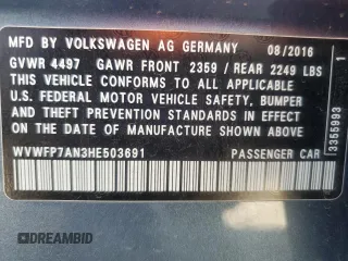 2017 Volkswagen CC R-Line 2.0T Executive with VIN WVWFP7AN3HE503691, listed as a Copart auction lot 67096114 with 128,558 mi miles and Clean Title. Bid and sale history available at carsss.com. Image 12.