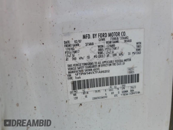 2007 Ford F-150 XLT with VIN 1FTPW14VX7FA99202, listed as a Copart auction lot 60229505 with 126,645 mi miles and Salvage title. Bid and sale history available at DreamBid. Image 12.