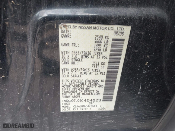 2009 Nissan Frontier SE with VIN 1N6AD07U09C404023, listed as a IAAI auction lot 41883164 with 100,724 mi miles. Bid and sale history available at carsss.com. Image 9.