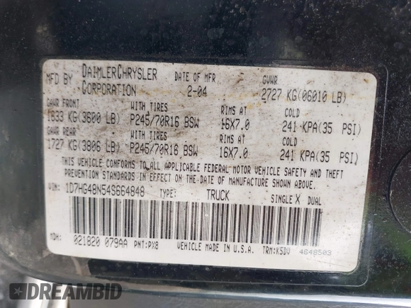2004 Dodge Dakota SLT z VIN 1D7HG48N54S664848, wystawiony jako IAAI lot #42152635 z przebiegiem 153 824 mil mil oraz . Historia ofert i sprzedaży dostępna na DreamBid. Obrazek 9.