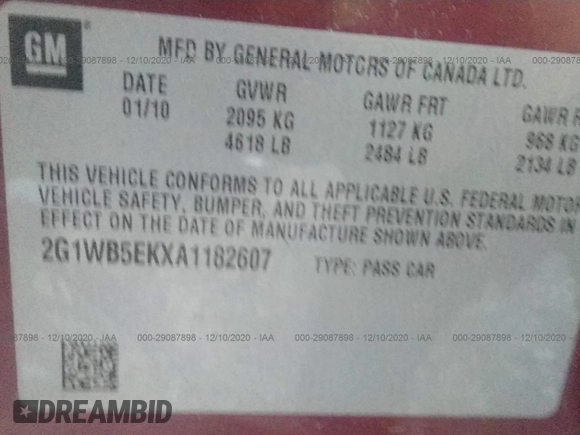 2010 Chevrolet Impala LT with VIN 2G1WB5EKXA1182607, listed as a IAAI auction lot 29087898 with 237,491 mi miles and . Bid and sale history available at DreamBid. Image 9.