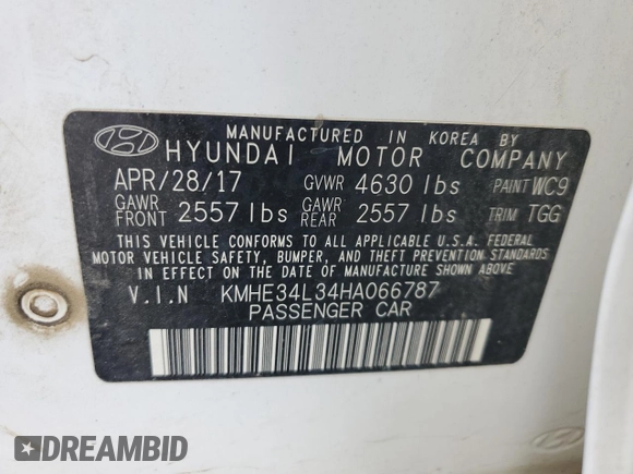 2017 Hyundai Sonata Hybrid Limited with VIN KMHE34L34HA066787, listed as a Copart auction lot 64254933 with 66,271 mi miles. Bid and sale history available at carsss.com. Image 13.