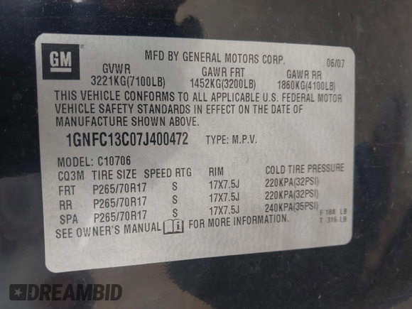 2007 Chevrolet Tahoe LS with VIN 1GNFC13C07J400472, listed as a IAAI auction lot 42209311 with 212,924 mi miles and . Bid and sale history available at DreamBid. Image 9.