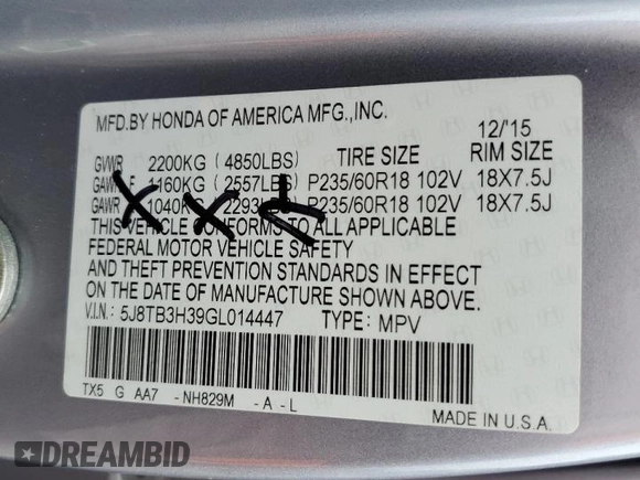 2016 Acura RDX with VIN 5J8TB3H39GL014447, listed as a Copart auction lot 60692565 with Not provided miles and Salvage title. Bid and sale history available at DreamBid. Image 13.