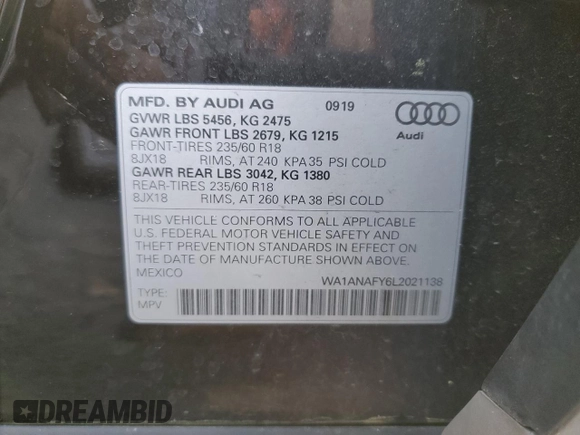 2020 Audi Q5 Premium with VIN WA1ANAFY6L2021138, listed as a Copart auction lot 54782375 with 131,899 mi miles and Salvage title. Bid and sale history available at DreamBid. Image 14.