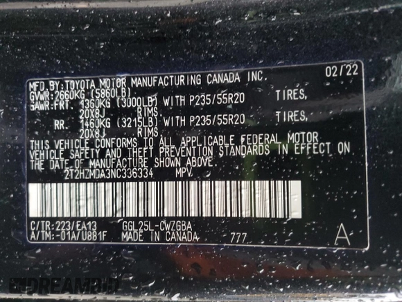2022 Lexus RX 350 with VIN 2T2HZMDA3NC336334, listed as a Copart auction lot 54588745 with 23,435 mi miles and Salvage title. Bid and sale history available at DreamBid. Image 13.
