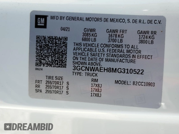 2021 Chevrolet Silverado 1500 Work Truck with VIN 3GCNWAEH8MG310522, listed as a Copart auction lot 54240975 with 103,189 mi miles and Clean Title. Bid and sale history available at carsss.com. Image 12.