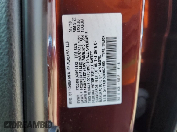 2019 Honda Ridgeline RTL with VIN 5FPYK3F52KB039850, listed as a Copart auction lot 64013955 with 75,366 mi miles and Salvage title. Bid and sale history available at DreamBid. Image 12.