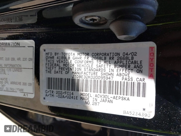 2002 Toyota Camry LE z VIN JTDBE32K020095947, wystawiony jako IAAI lot #42364984 z przebiegiem 198 756 mil mil oraz . Historia ofert i sprzedaży dostępna na DreamBid. Obrazek 9.