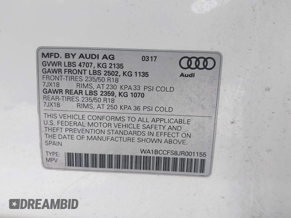 2018 Audi Q3 Premium with VIN WA1BCCFS8JR001155, listed as a IAAI auction lot 41157028 with 83,769 mi miles. Bid and sale history available at carsss.com. Image 9.
