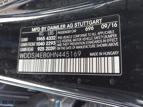 2017 Mercedes-Benz CLA with VIN WDDSJ4EB0HN445169, listed as a IAAI auction lot 42015788 with 58,900 mi miles. Bid and sale history available at carsss.com. Image 9.