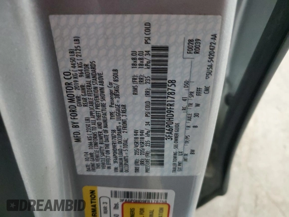 2015 Ford Fusion SE with VIN 3FA6P0HD9FR178758, listed as a Copart auction lot 60090355 with 60,391 mi miles and Salvage title. Bid and sale history available at DreamBid. Image 12.