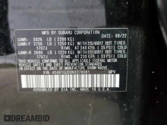 2022 Subaru Outback Wilderness with VIN 4S4BTGUD0N3278081, listed as a Copart auction lot 55194535 with 29,605 mi miles and Salvage title. Bid and sale history available at DreamBid. Image 14.
