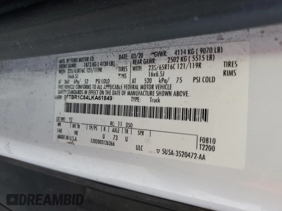 2020 Ford Transit Cargo с VIN 1FTBR1C84LKA61849, выставлен на аукционе Copart как лот 50978095 с пробегом 88 131 миль миль и На запчасти • Non repairable. История ставок и продаж доступна на DreamBid. Изображение 14.