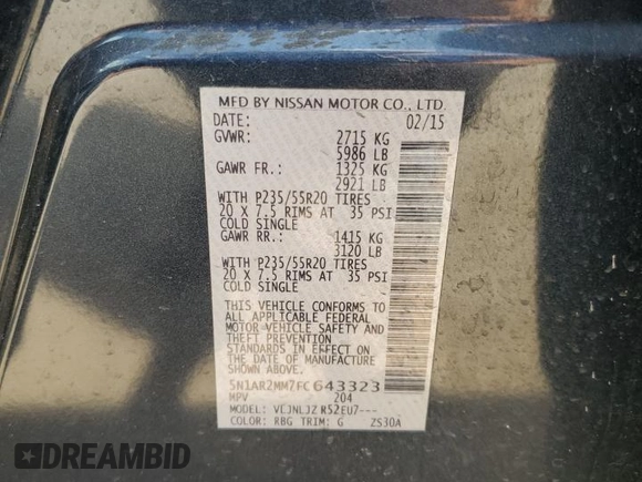 2015 Nissan Pathfinder Platinum z VIN 5N1AR2MM7FC643323, wystawiony jako Copart lot #61384985 z przebiegiem 103 922 mil mil oraz Szkoda całkowita • Salvage title. Historia ofert i sprzedaży dostępna na DreamBid. Obrazek 12.