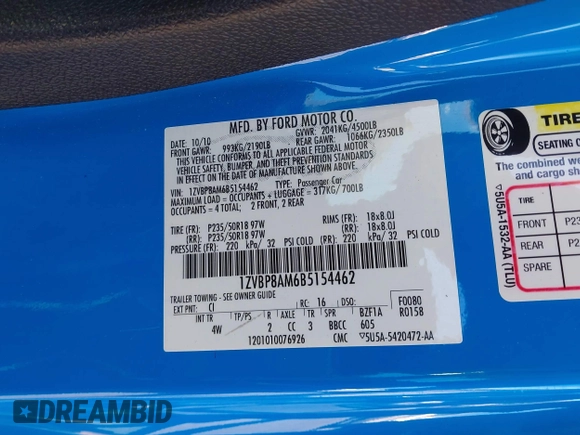 2011 Ford Mustang V6 с VIN 1ZVBP8AM6B5154462, выставлен на аукционе IAAI как лот 41813734 с пробегом 42 412 миль миль и . История ставок и продаж доступна на DreamBid. Изображение 9.