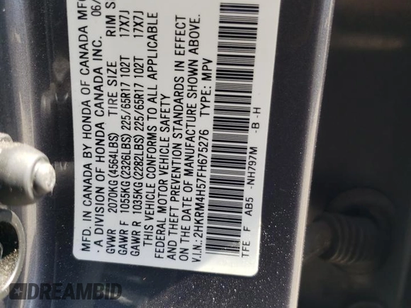 2015 Honda CR-V EX with VIN 2HKRM4H57FH675276, listed as a Copart auction lot 53112935 with 78,048 mi miles and Salvage Title. Bid and sale history available at DreamBid. Image 13.