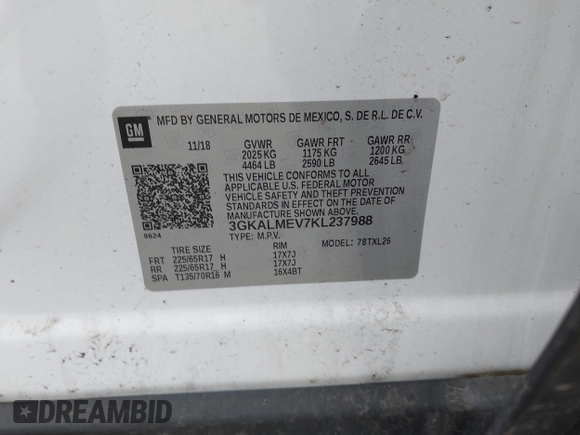 2019 GMC Terrain SLE с VIN 3GKALMEV7KL237988, выставлен на аукционе IAAI как лот 42219342 с пробегом 84 484 миль миль и . История ставок и продаж доступна на DreamBid. Изображение 9.