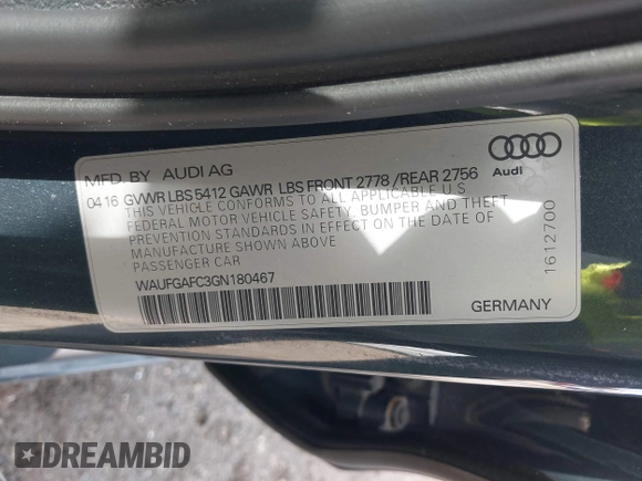 2016 Audi A6 Premium Plus with VIN WAUFGAFC3GN180467, listed as a IAAI auction lot 42429785 with 121,033 mi miles and . Bid and sale history available at DreamBid. Image 9.